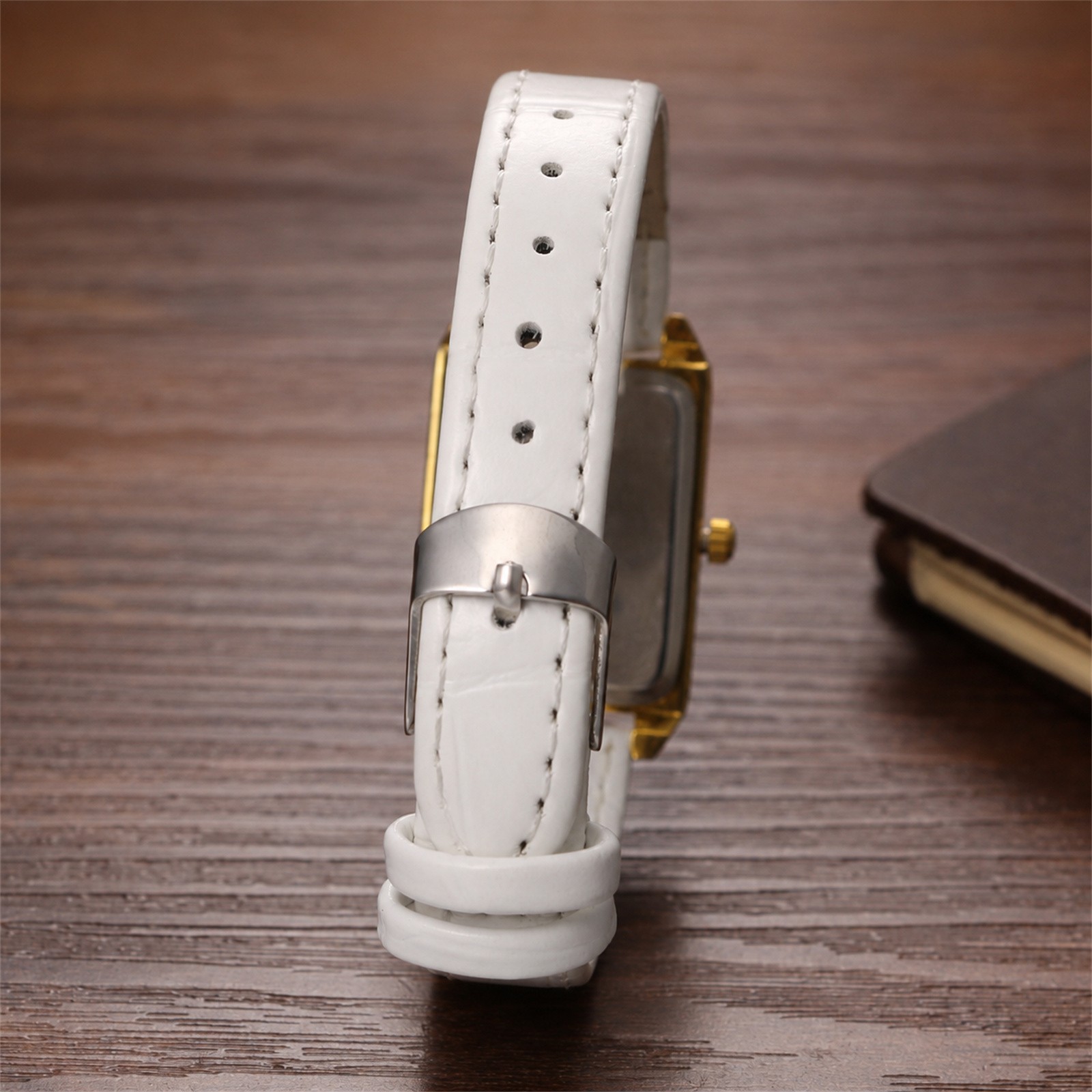 Women Business Rectangle Rhinestone PU Leather Band Wrist Watch for Daily Office