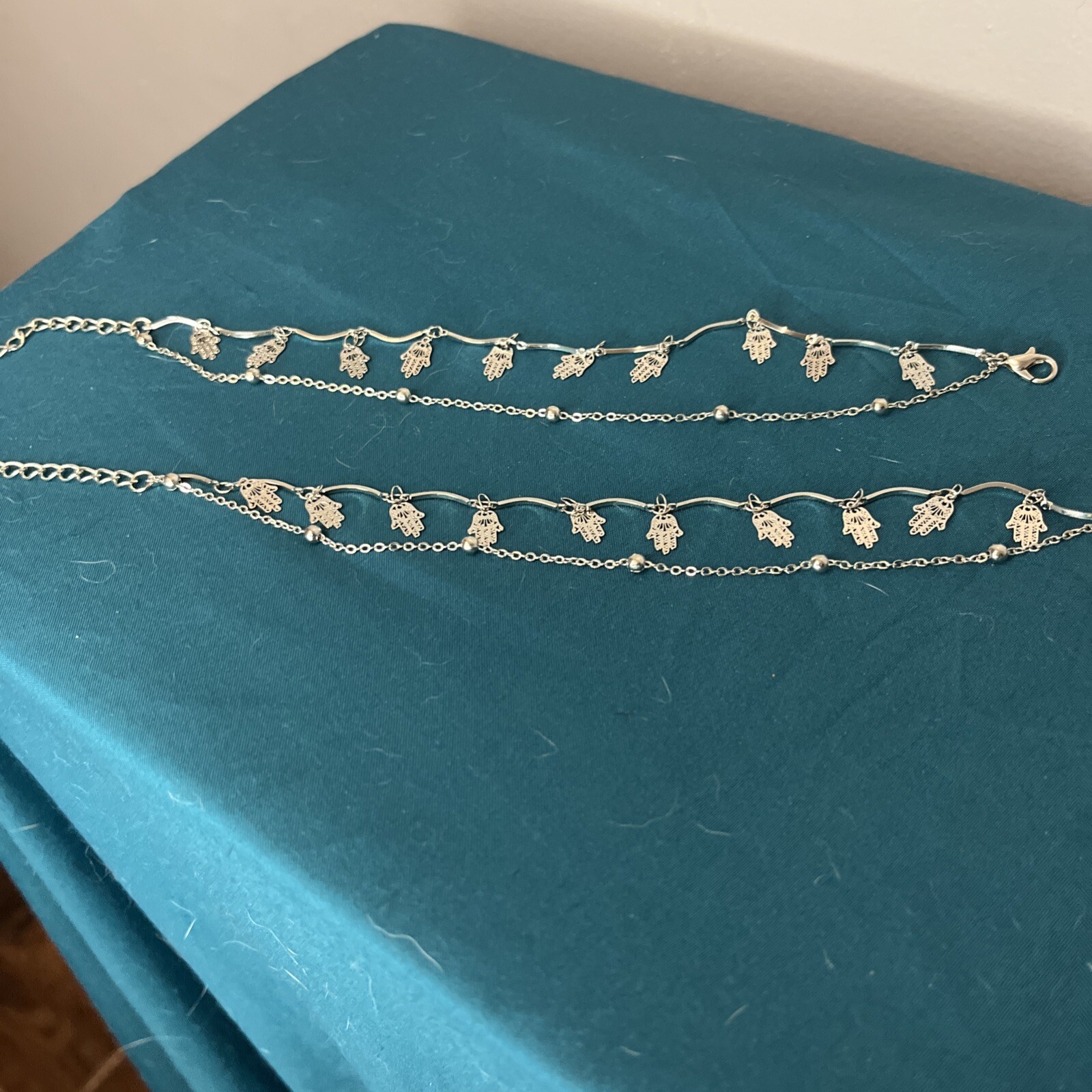 2 Hamsa Hand Charm Silver Double Chain Anklets 8” With A 2” Extender