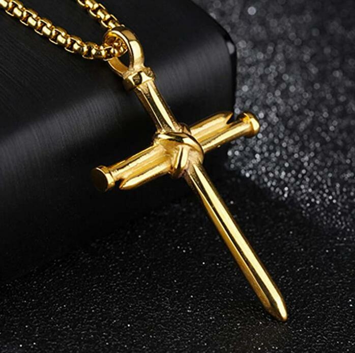 Stainless Steel Nail Cross Pendant Necklace For Men Gift 24 Inch Box Chain Gold