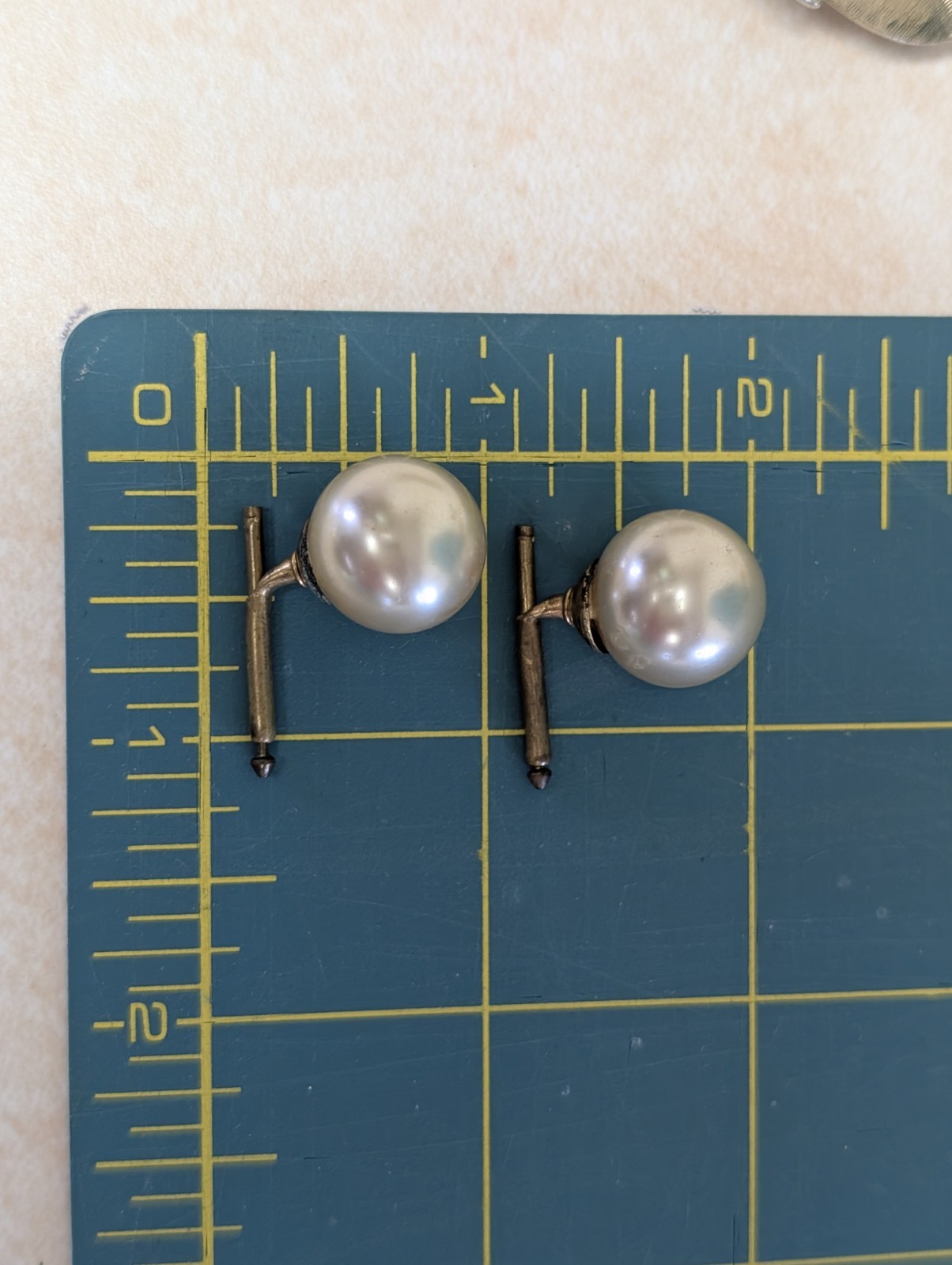 Vintage T-Bar Cufflinks Gold Tone Metal White Round Faux Pearl Pair 50 60s