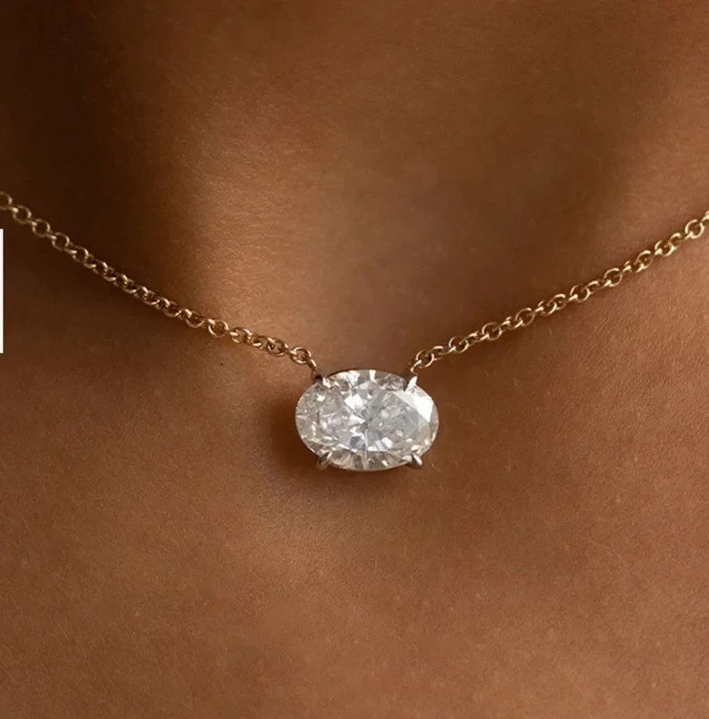 Oval Cut Lab Created Diamond 14K Yellow Gold Finish Valentine’s Gift Necklace