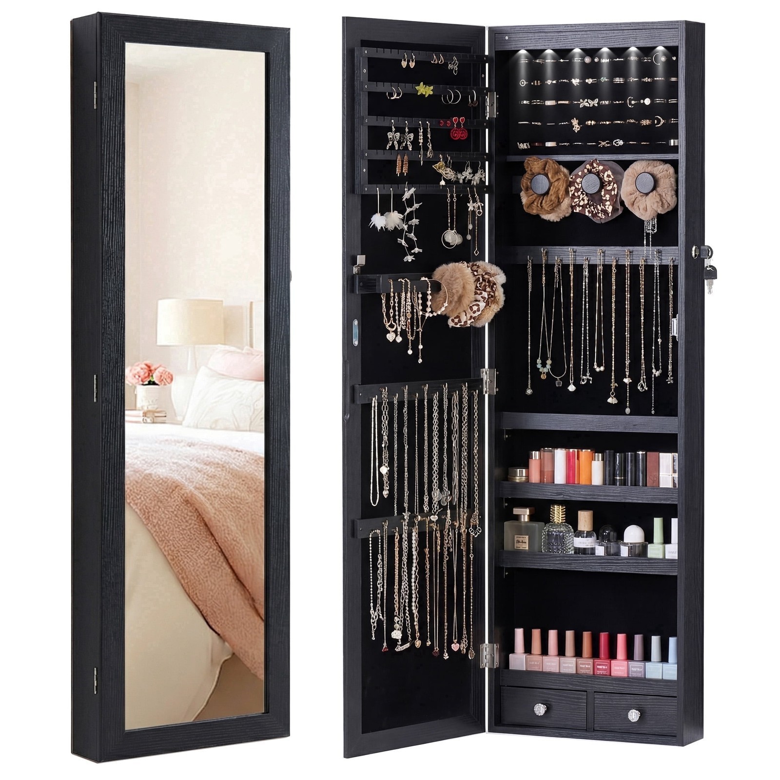 Lockable Jewelry Cabinet Organizer w/Full Length Mirror,Wall Mount Hanging Door