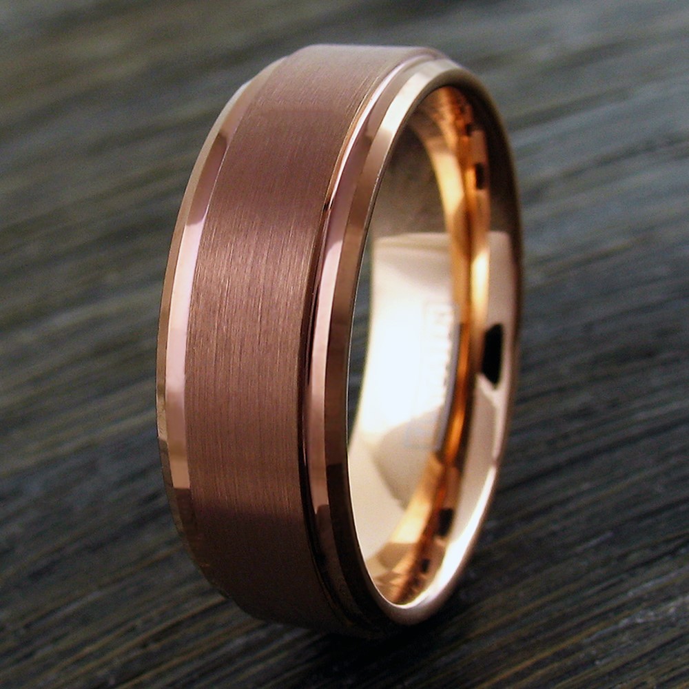 6/8mm Brown Brushed Tungsten Ring Rose Gold Plated Inside Step Edge Wedding Band