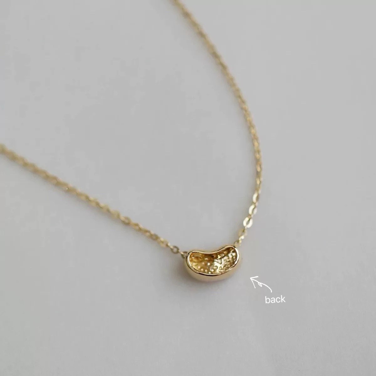 Solid 14K Yellow Gold Bean Pendant Necklace AU585 Stamp, 16.5” Adjustable
