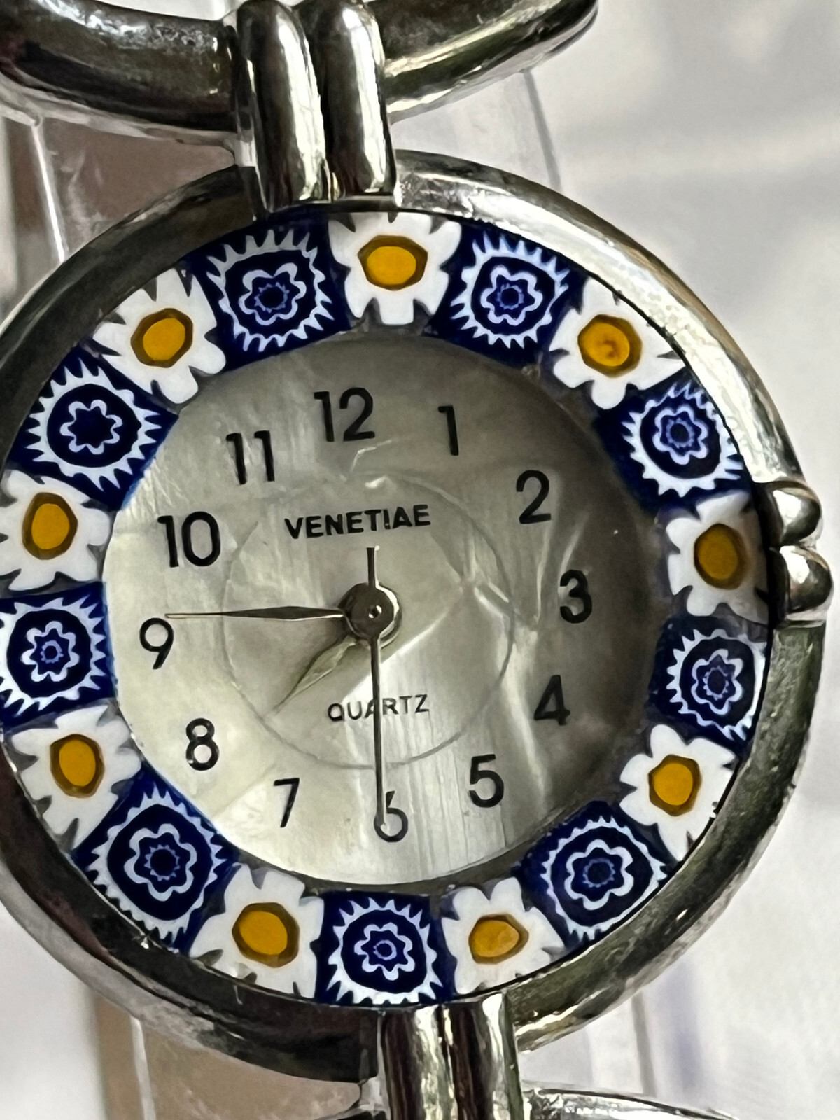 Venice Millefiori Watch Women 27mm Gold Tone White Leather Band-New Battery 7.5″