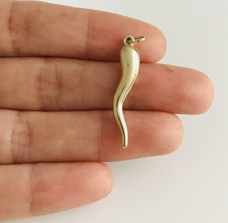 10K Real Gold Italian Horn, Cornicello, Chili 1.3″ Pendant / Necklace – C3041