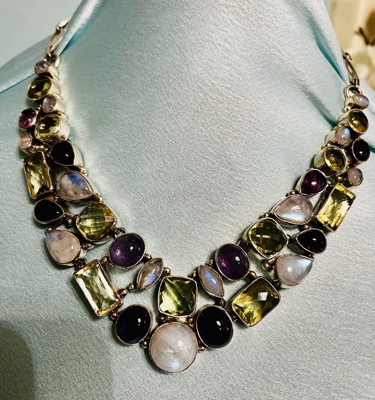 Sterling Silver Multi-gem Moonstone Tourmaline Amethyst Necklace Healing 96 Gram