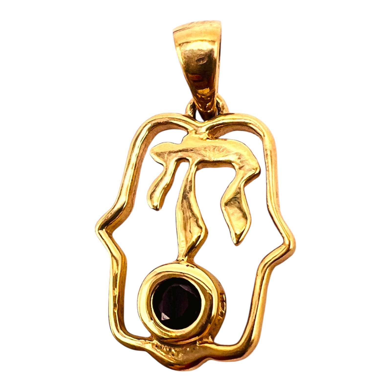 Solid 14k Yellow Gold Ruby Hamsa Chai Pendant Charm 2.68 Grams