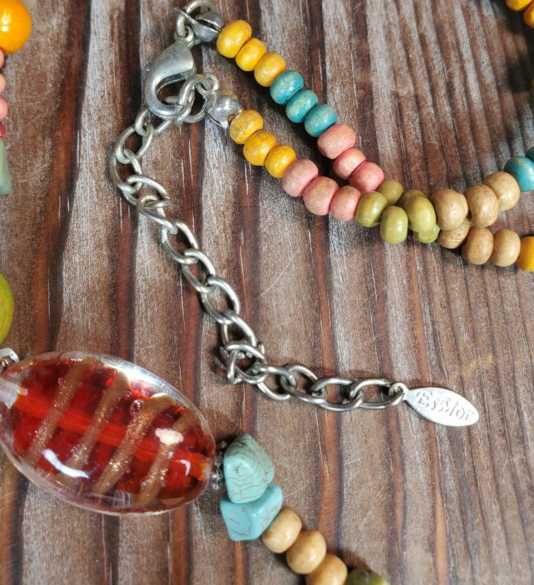 Beaded Necklace Glass Wood Stone Multi-color 32-35″ Strand string By EsMor