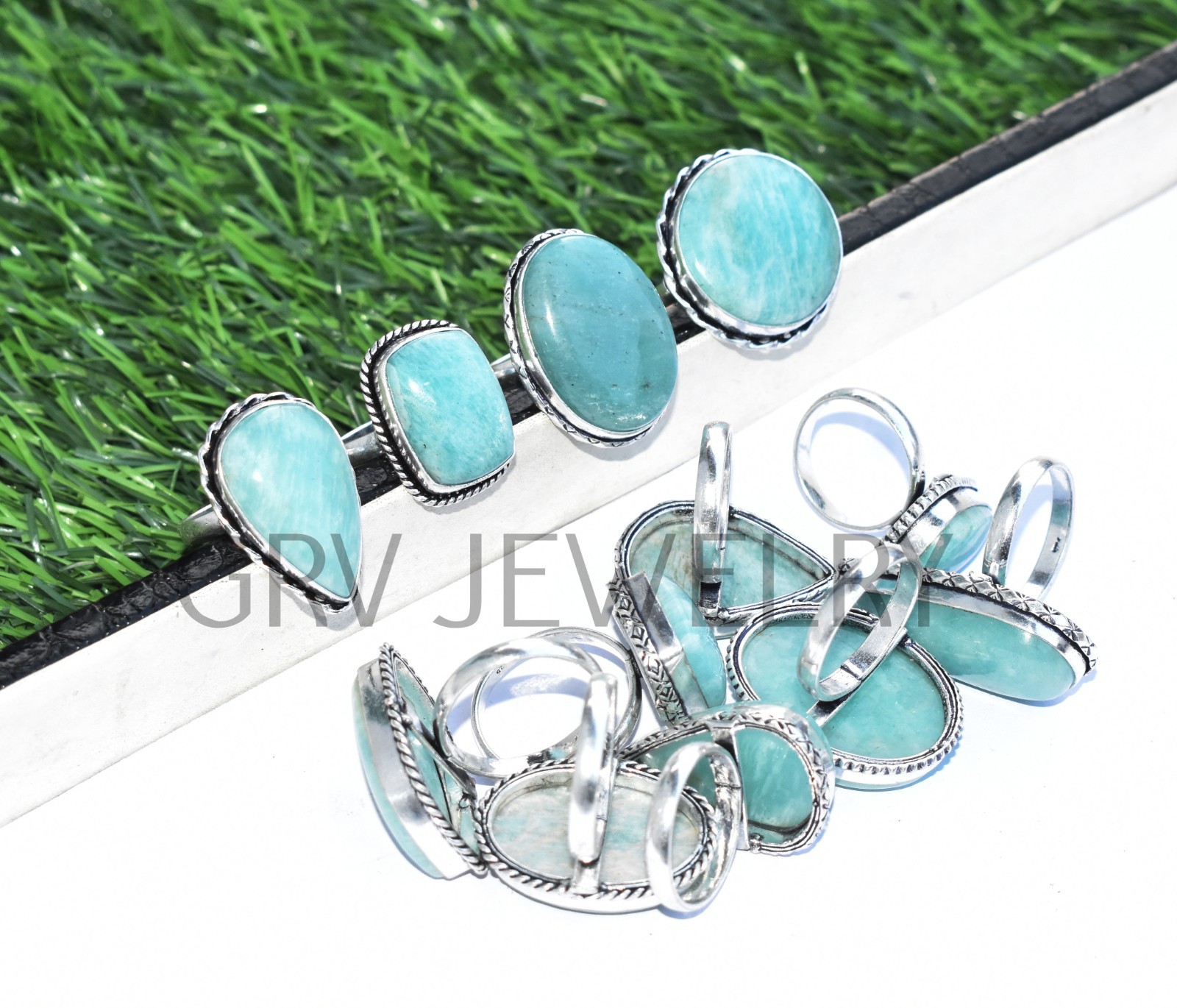 1-500 Pcs Natural Amazonite In Wholesale Gemstone Rings Lot: Silver Plated Whr-9