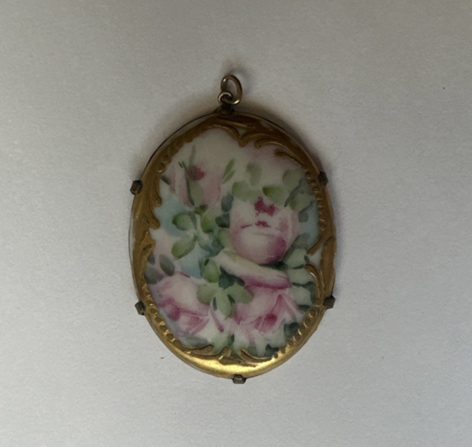 Antique Hand Painted Porcelain Pendant Pink Roses Gold Tone Setting Gold-Gilt