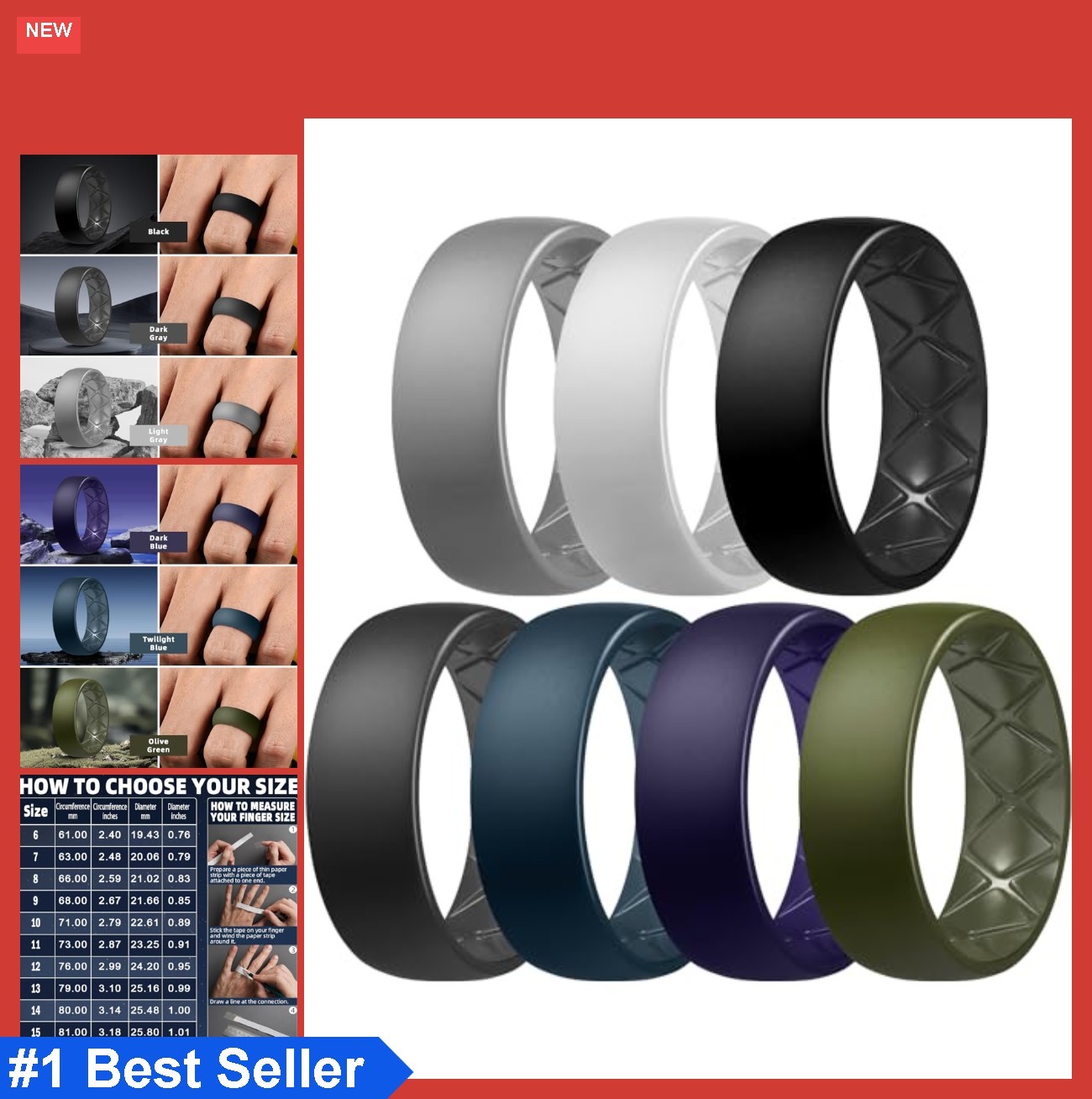 Silicone Ring 8mm Wide Men Rubber Wedding Band Breathable X Groove Ergonomic