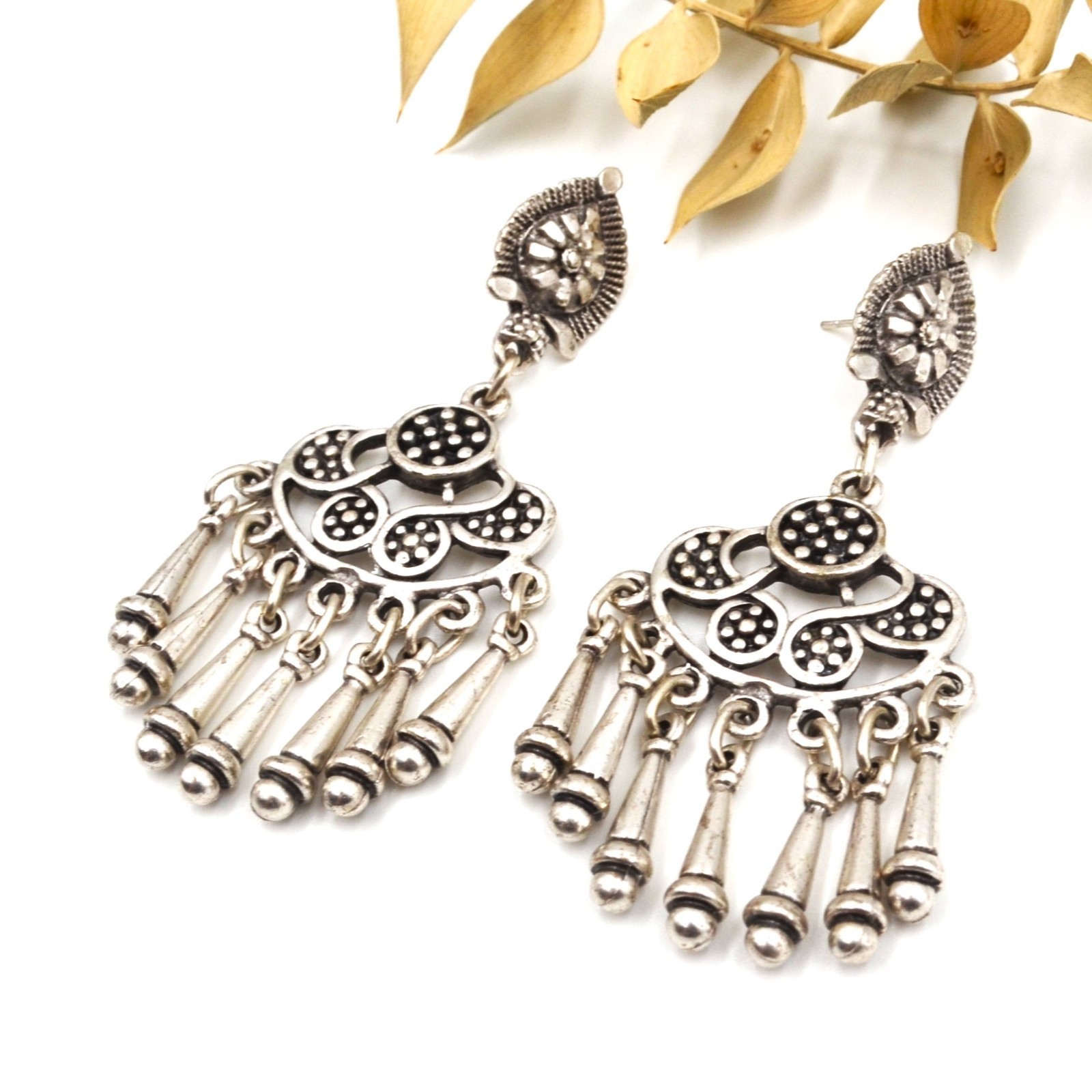 Boho Antique Silver Crescent Chandelier Fringe Dangle Ethnic Bohemian Earrings