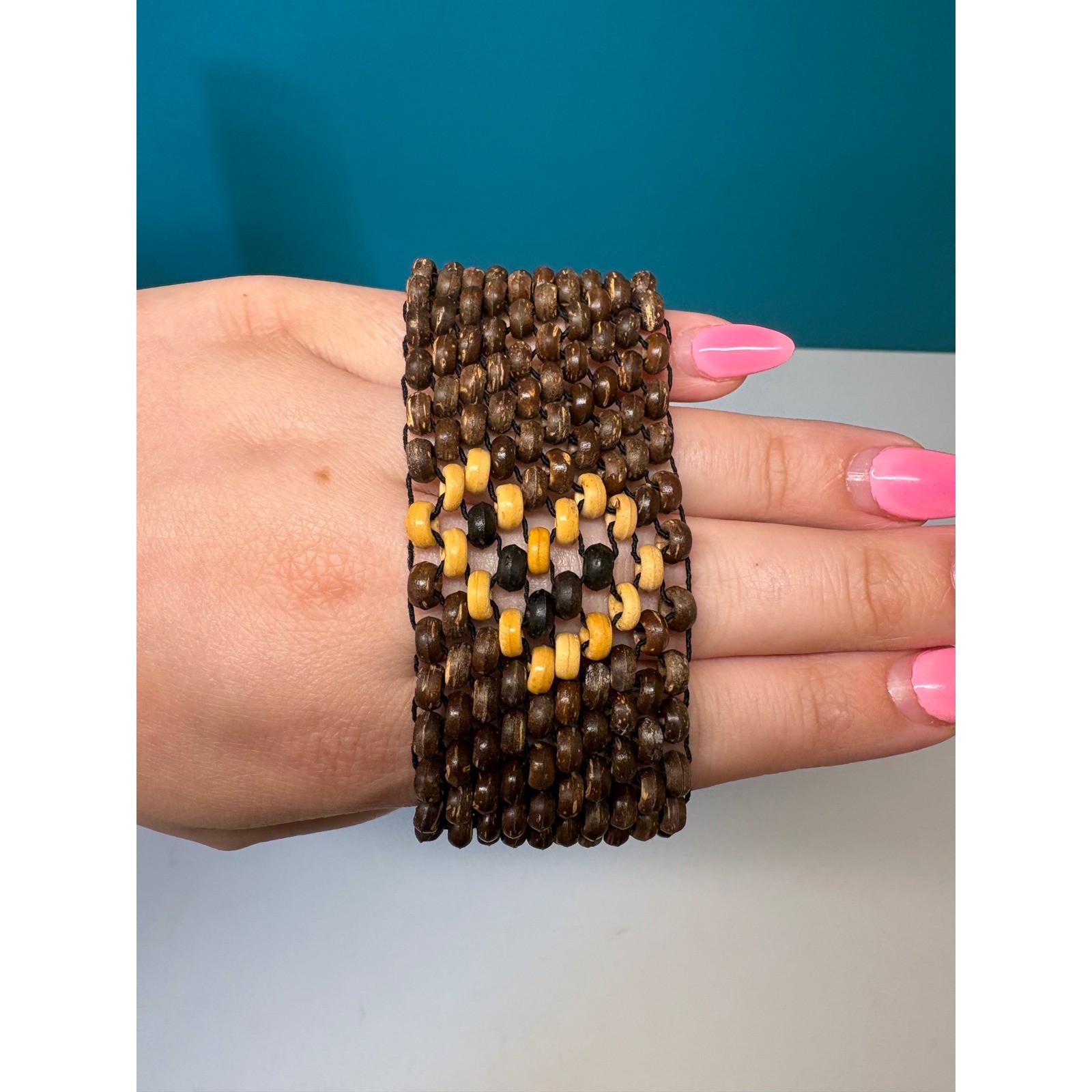 Handmade Wood Bead Stretch Cuff Bracelet Brown Heart Motif Wide Boho