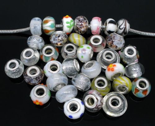Pack of 10 White MIX Lampwork Murano Glass Beads For Snake Chain Charm Bracelet.