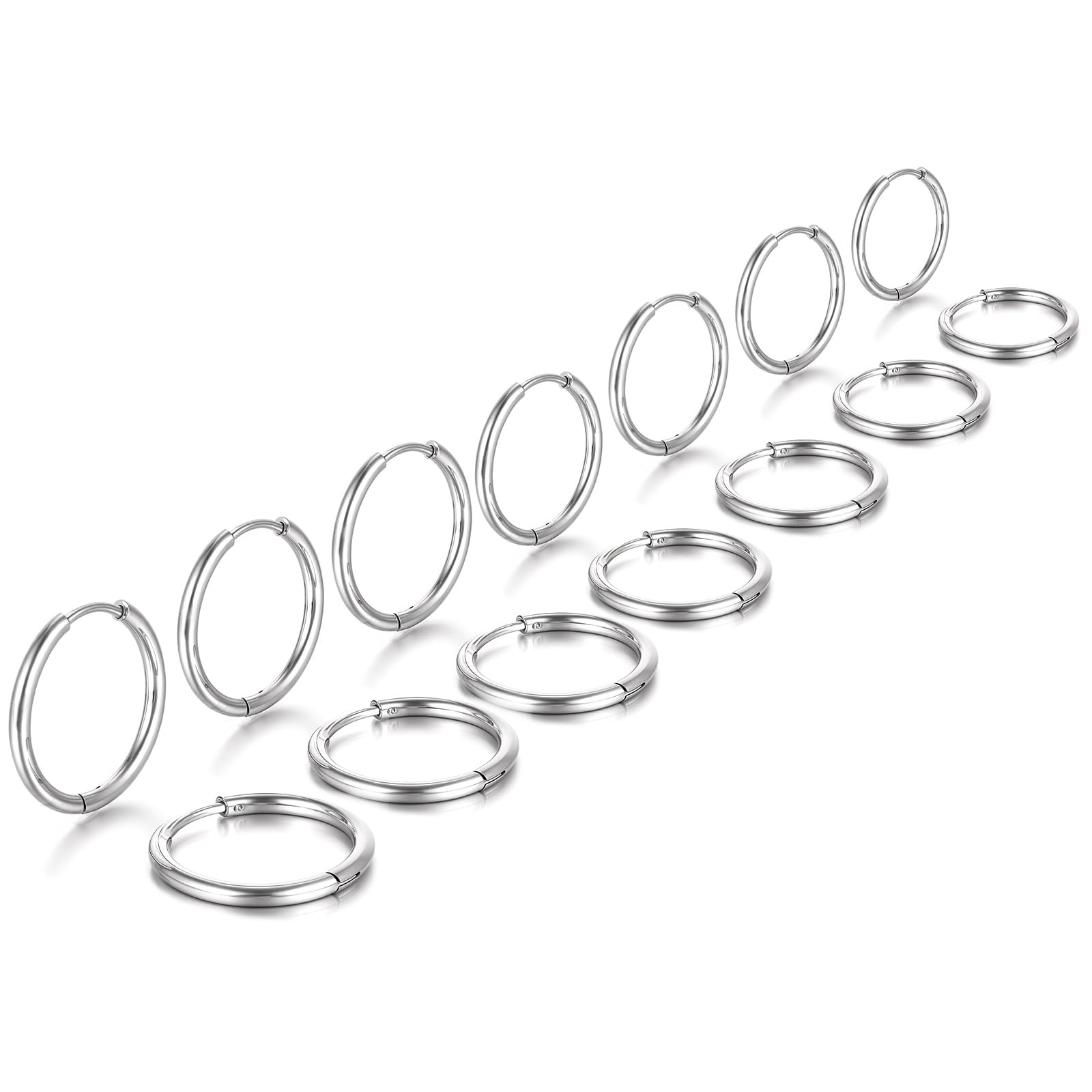 Mabor 7 Pairs Stainless Steel Hoop 8,10, 12 ,14, 16, 18, 20 mm, Silver