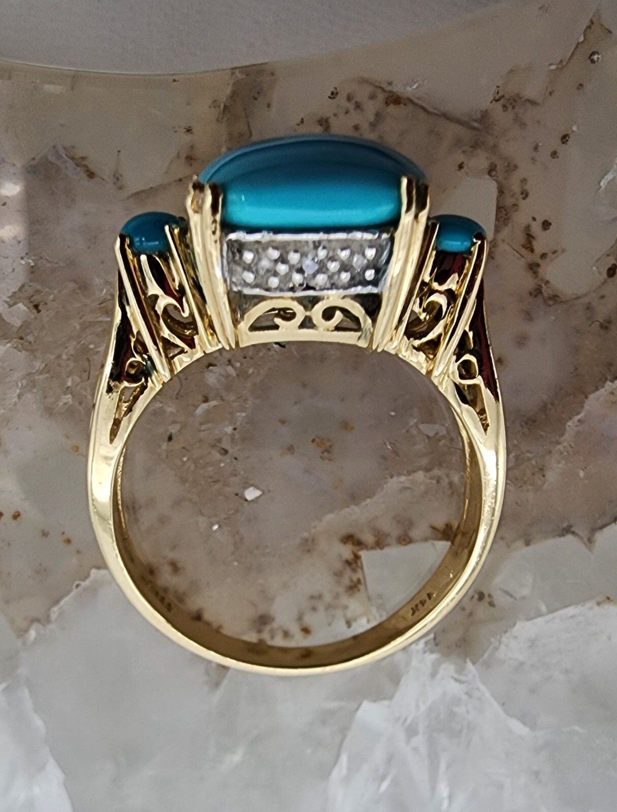 14k .585 Yellow Gold Effy Cushion Turquoise .06 ctw Diamond Sz 7 Ring Au 23231