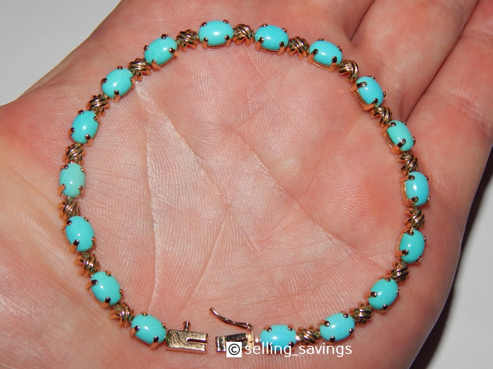 14K YELLOW GOLD TURQUOISE CABOCHON 5MM WIDE TENNIS BRACELET 8 INCHES LONG