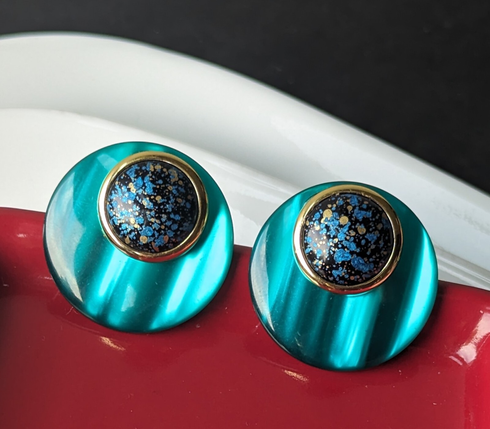 Vtg 80s Acrylic Round Disc Button Stud AQUA BLUE Moon Glow Goldtone Earrings