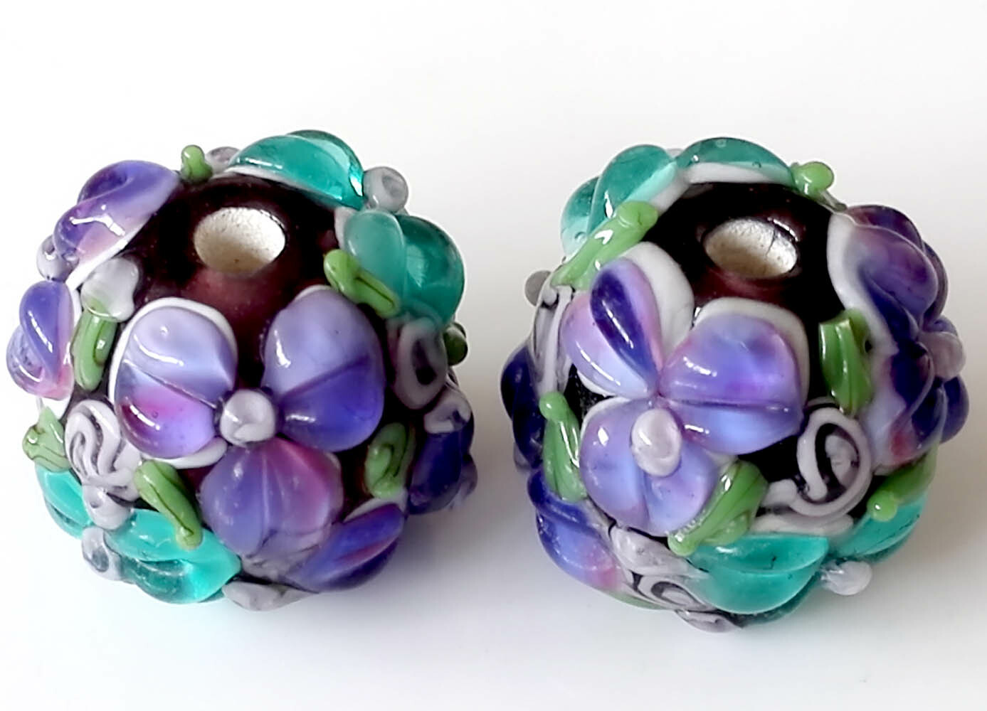 10Pcs Handmade Lampwork Glass Round Beads Purple Blue Flower 15Mm