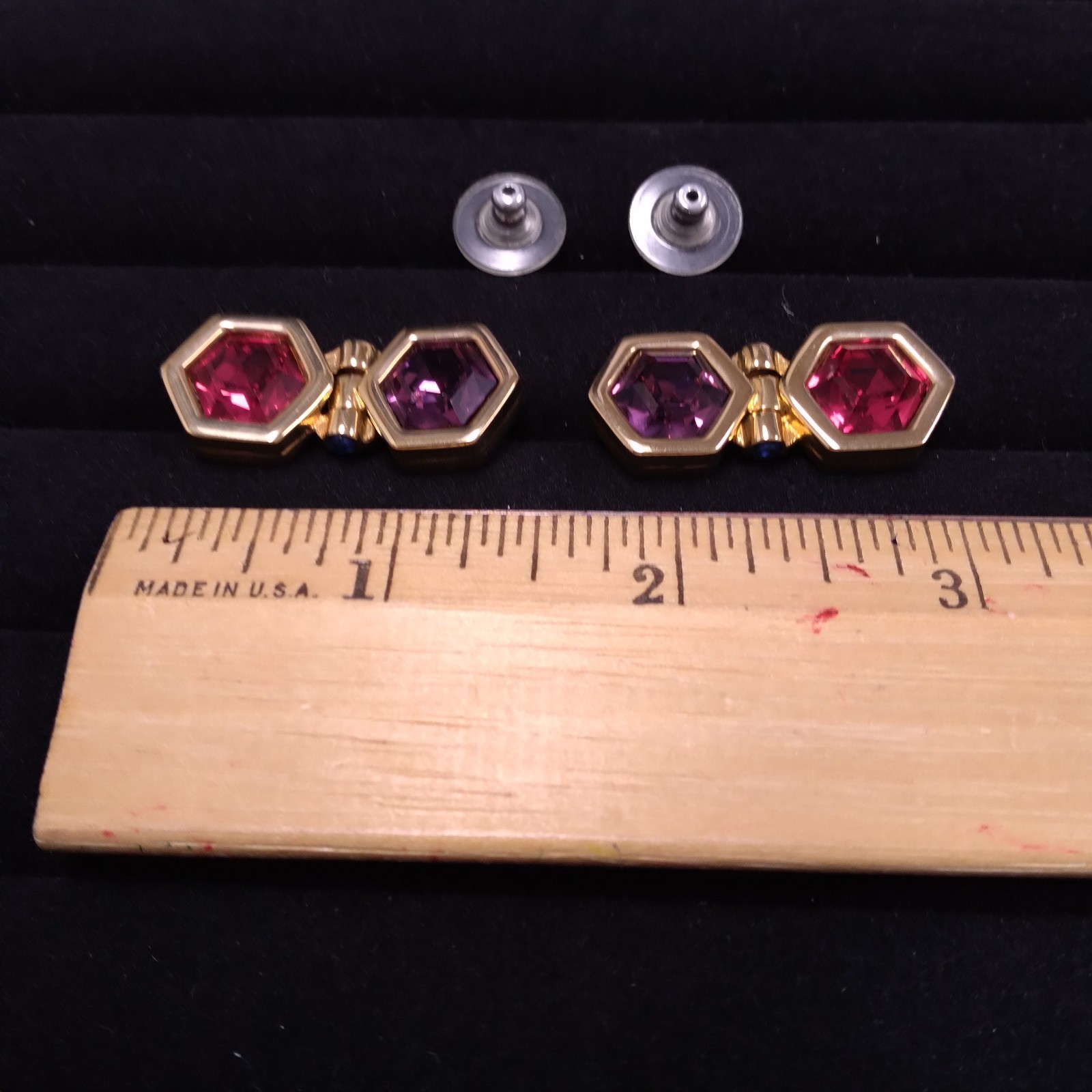Swarovski Swan Purple Red Hexagon Shape Gold Tone Doorknocker Earrings Pierced