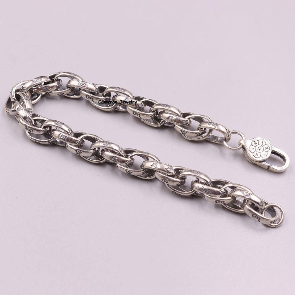Pure S925 Sterling Silver Chain 9mm Six Words Toggle Link Bracelet 28-29g 8.26in