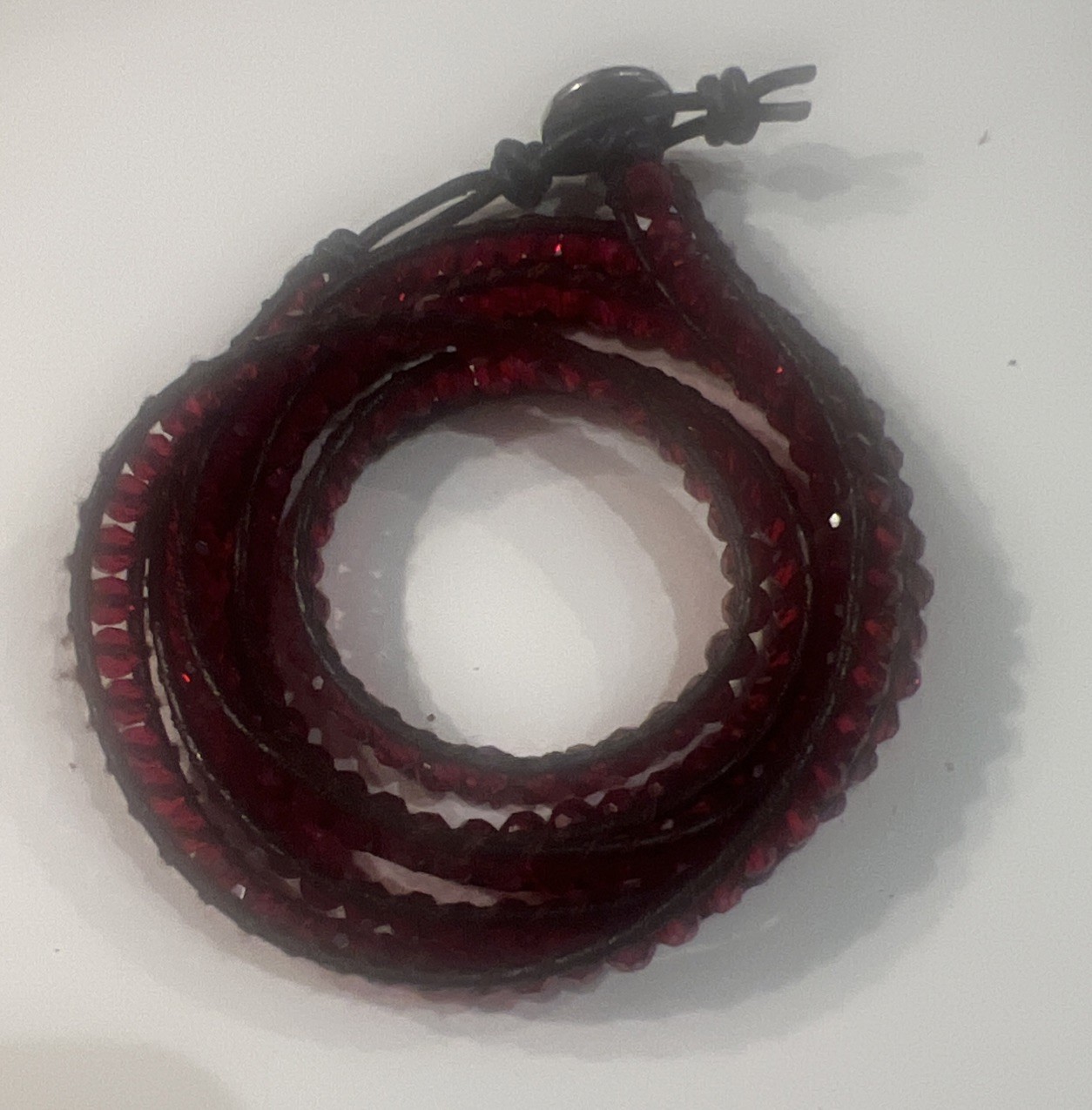 Victoria Emerson Crystal Beaded Leather Wrap Bracelet Burgundy