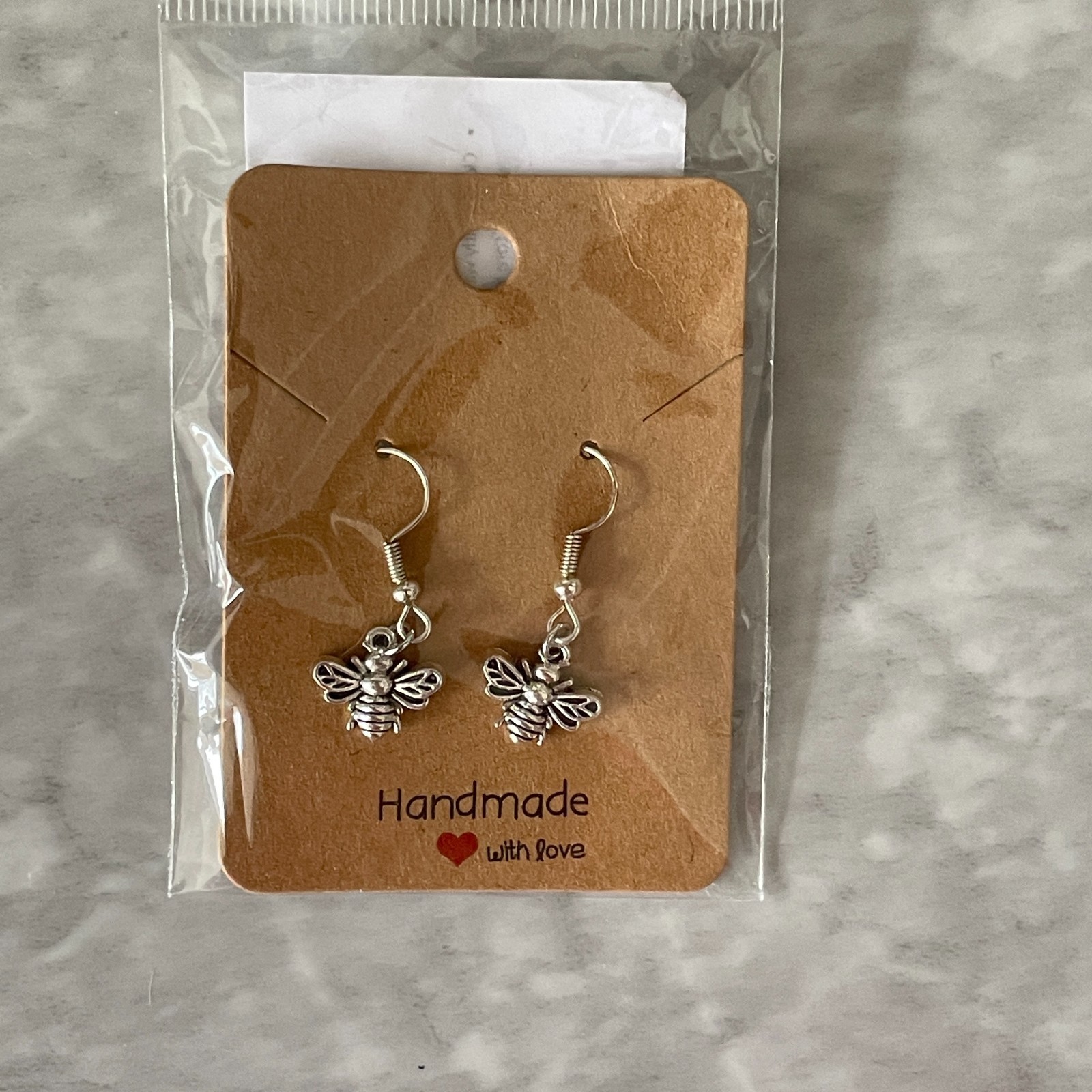 Pocket Hug – Handmade Earrings Silver Tone Small Bee Charm Drop Hook Gift