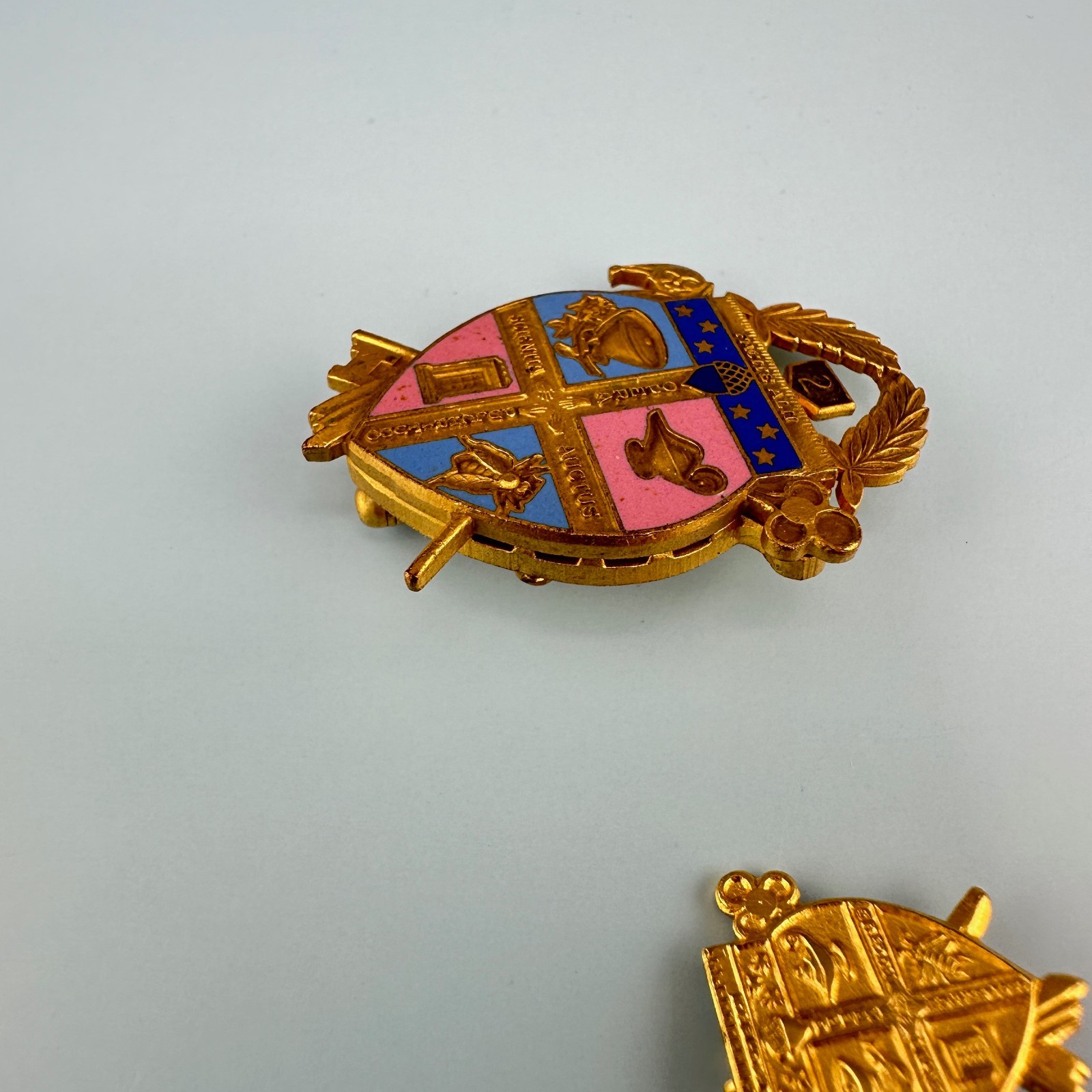 Vintage Coat of Arms Pin Lot Gold Tone Facital Scientia Auctus Opera Pulchritudo