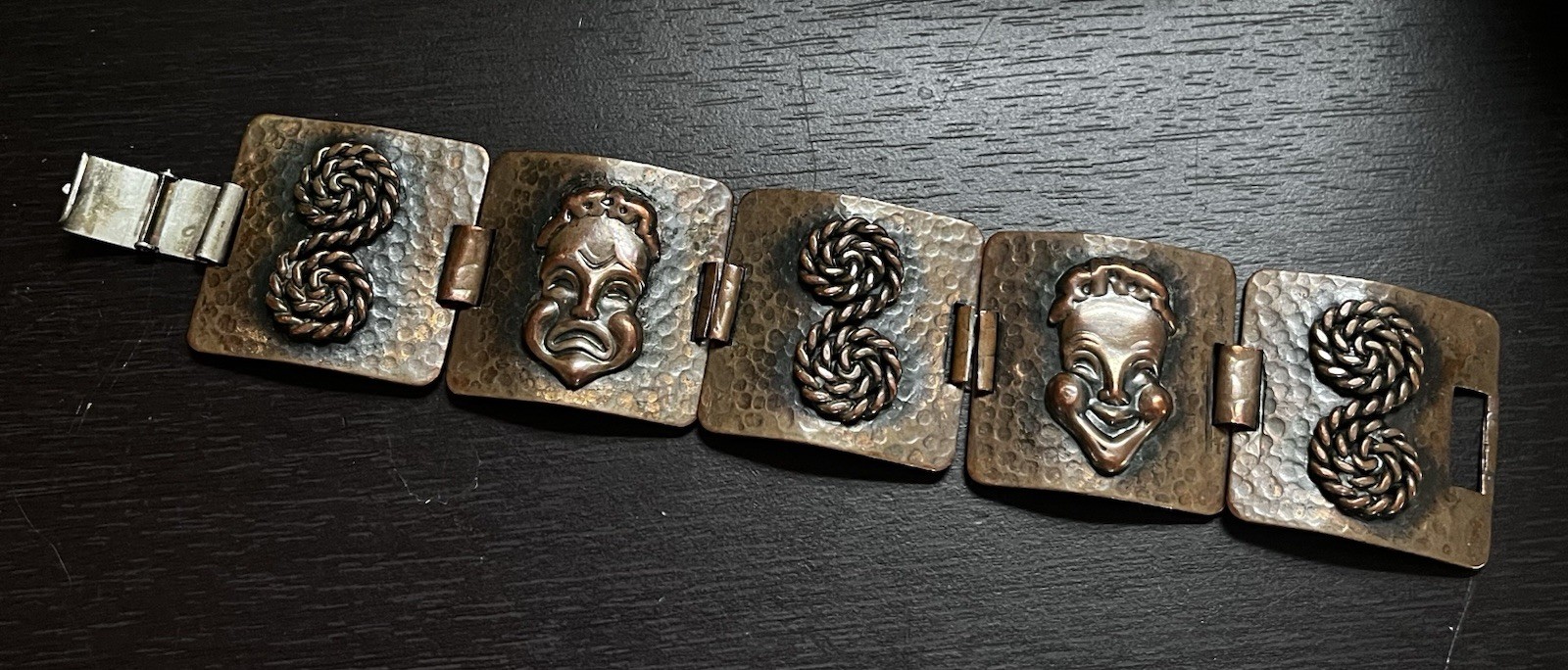 Vintage Renoir Copper Theater Drama Comedy Tragedy Masks 6.75″ Links Bracelet