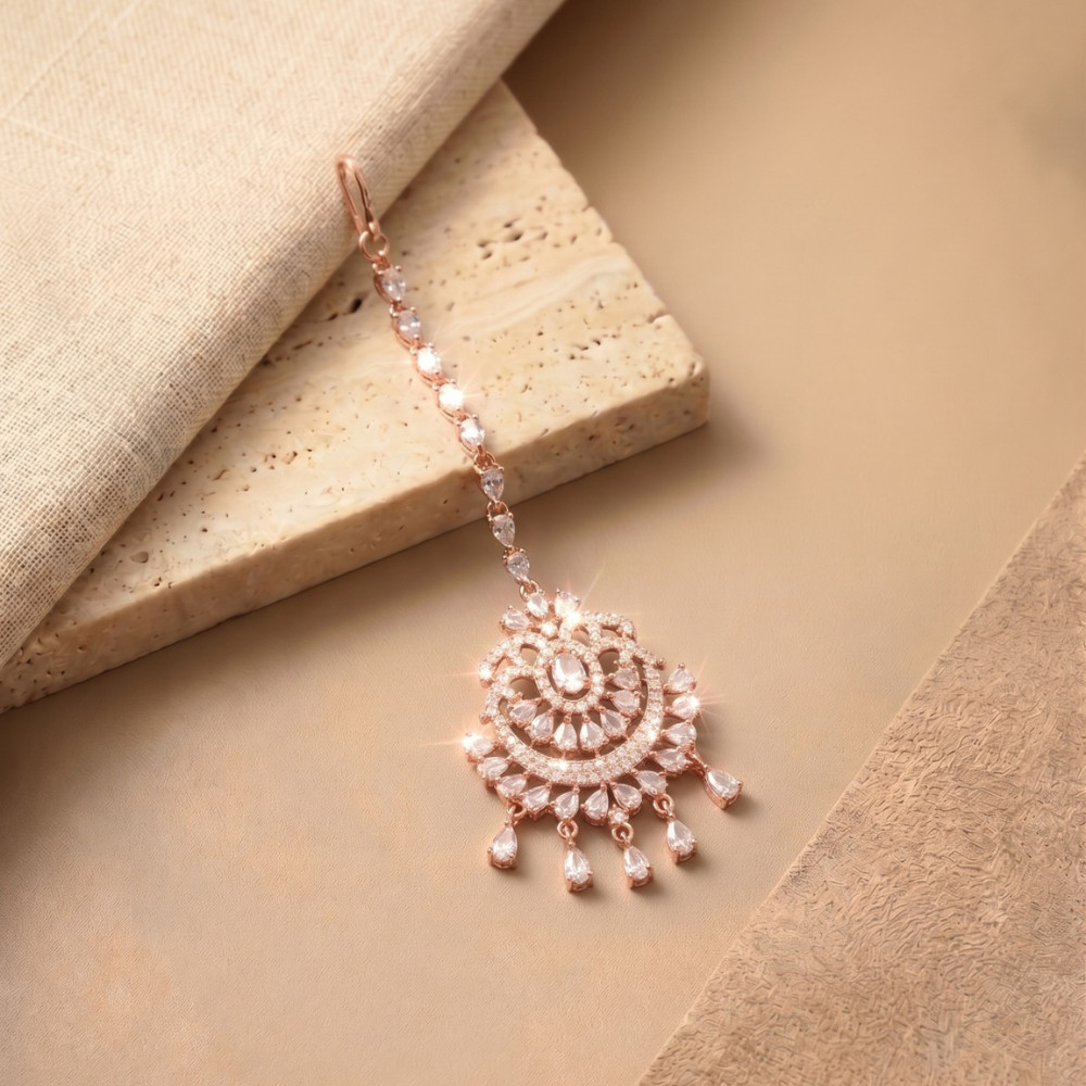 Rose Gold CZ Bridal Headpiece Maang Tikka Ethnic Jewelry for Women