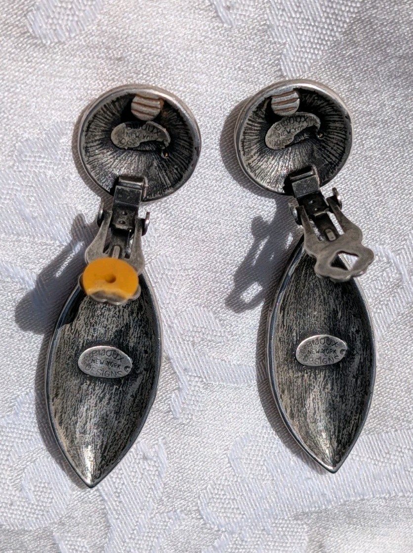 Vintage Bijoux NY Designs Black Enamel Marcasite Dangle Clip On Earrings 1980s