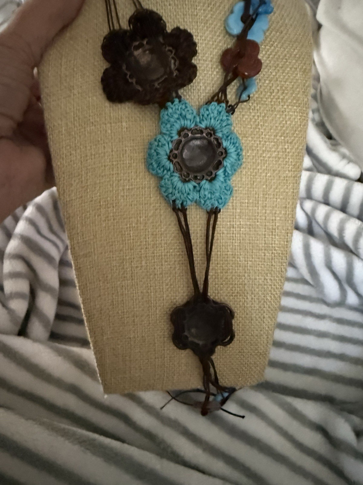 Brown & Blue Bohemian Cord Necklace Flower Charm Pendant lobster clasp Closure