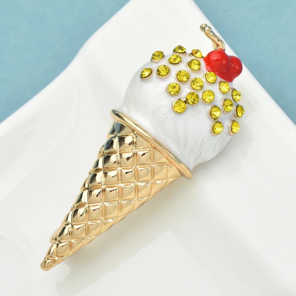 Retro Ice Cream Cone Brooch Gold Rhinestone Novelty Pin Beach Summer Gift Jewelr
