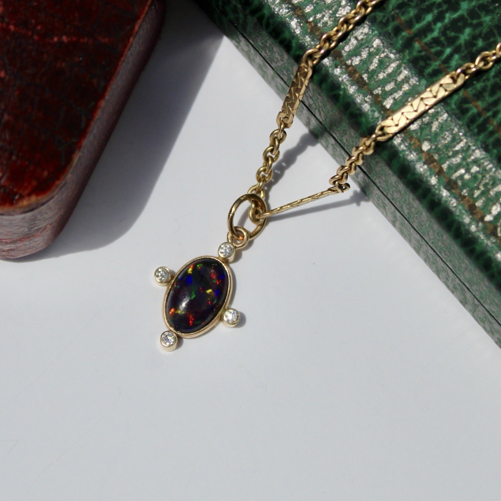 Black Opal Cabochon & Diamond Pendant, 2.12 Carats 14K Gold