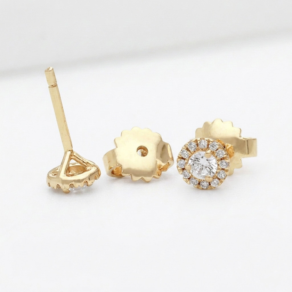 14K Solid Gold 0.50 CT Round Lab Grown Diamond Halo Stud Pushback Fine Earrings