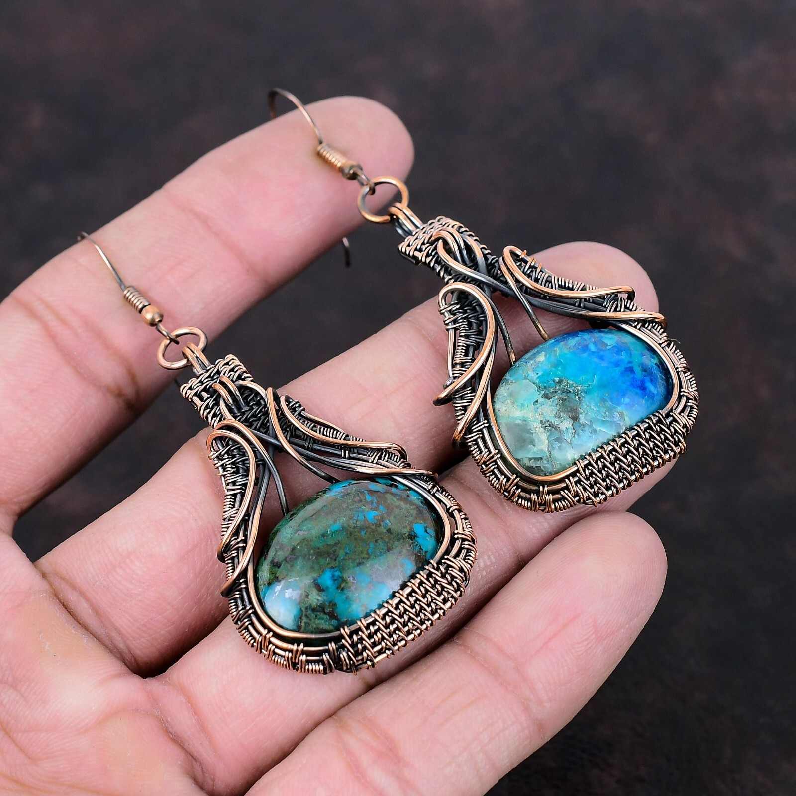 Shattuckite Jewelry Copper Bestie Gift Wire Wrapped Drop/Dangle Earrings 2.95″