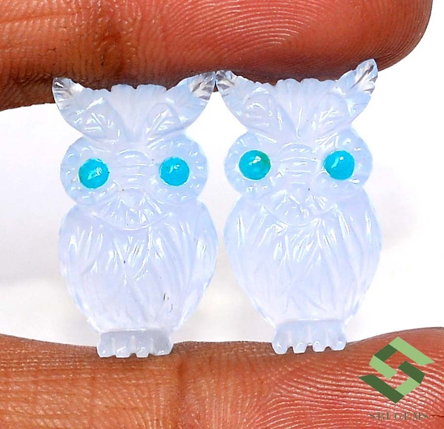 24×14 mm Natural Chalcedony Owl Shape Handmade Carving Pair 27.75 CTS Gemstones