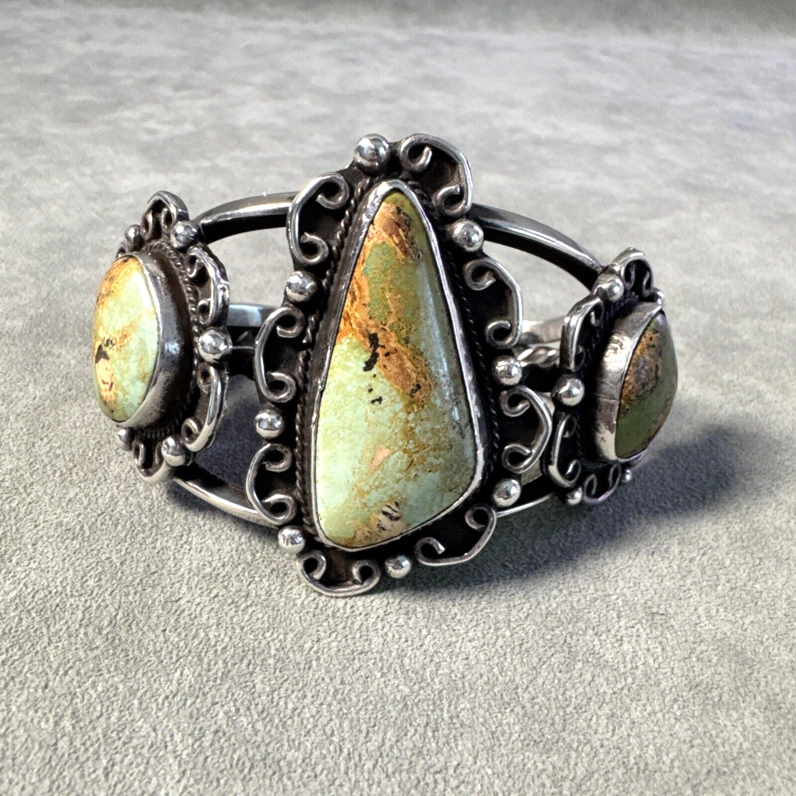 Vintage Cuff Bracelet by R Roger Skeet Jr Green Turquoise Sterling Silver Navajo