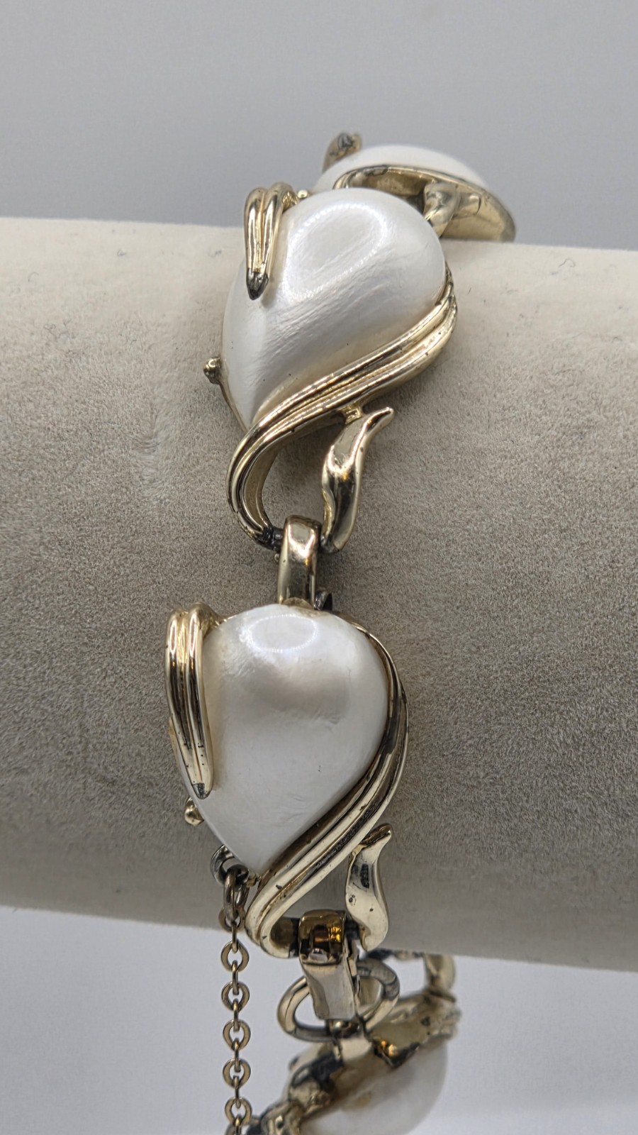 Vintage Coro Heart Bracelet White Enamel Faux Pearl Gold Tone With Safety Chain