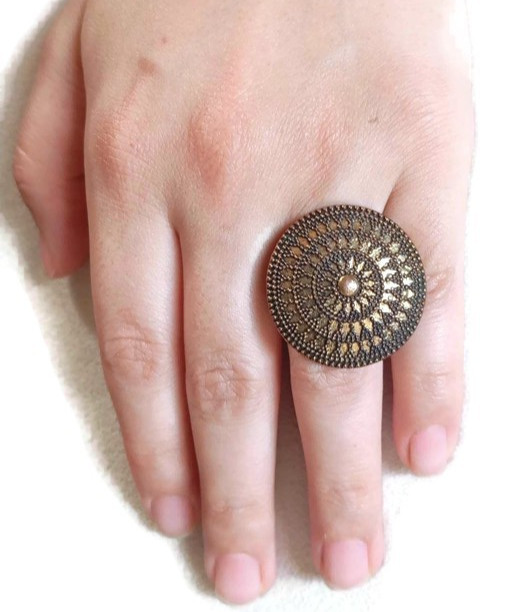 Ring Copper Women’s Metal Disc Round Decorated Engraved Multiple Sizes
