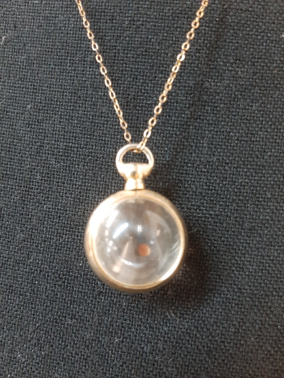 Vintage Mustard Seed Pendant in glass or acrylic ball. Goldtone fitting & chain.