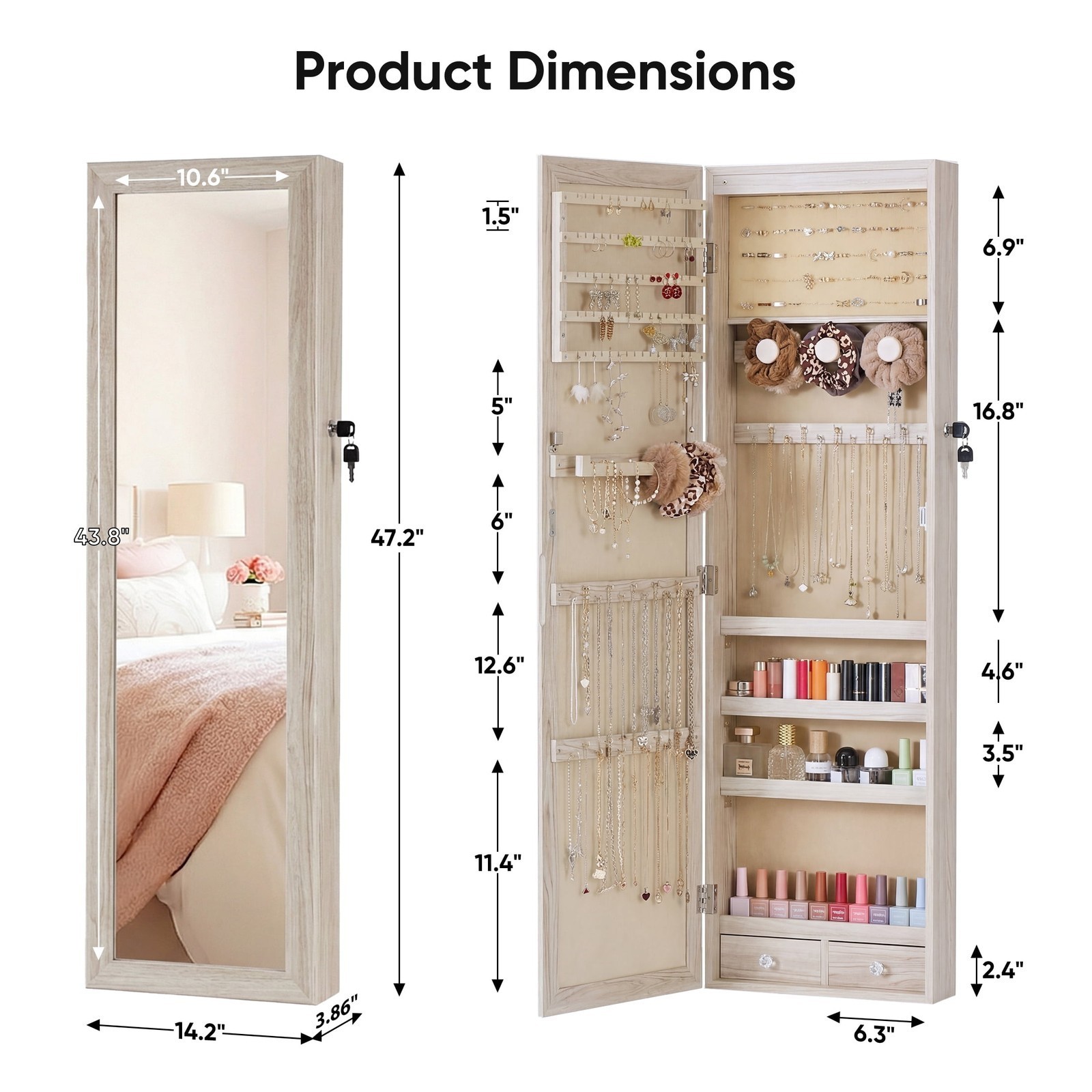 Lockable Jewelry Cabinet Organizer w/Full Length Mirror,Wall Mount Hanging Door