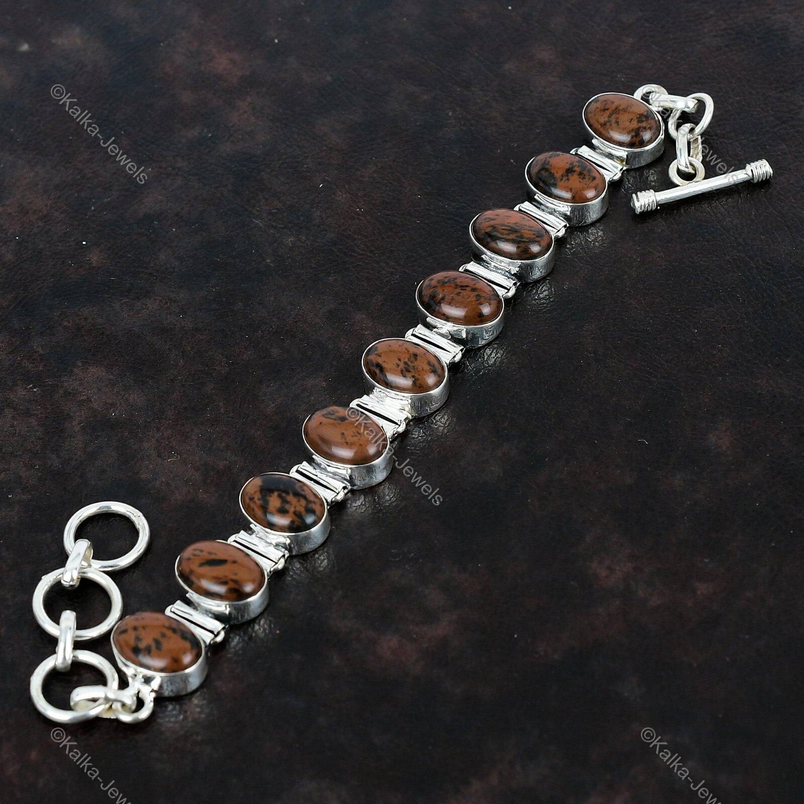 Natural Mahogany Obsidian Gemstone Chain Red Adjustable Bracelet 925 Silver
