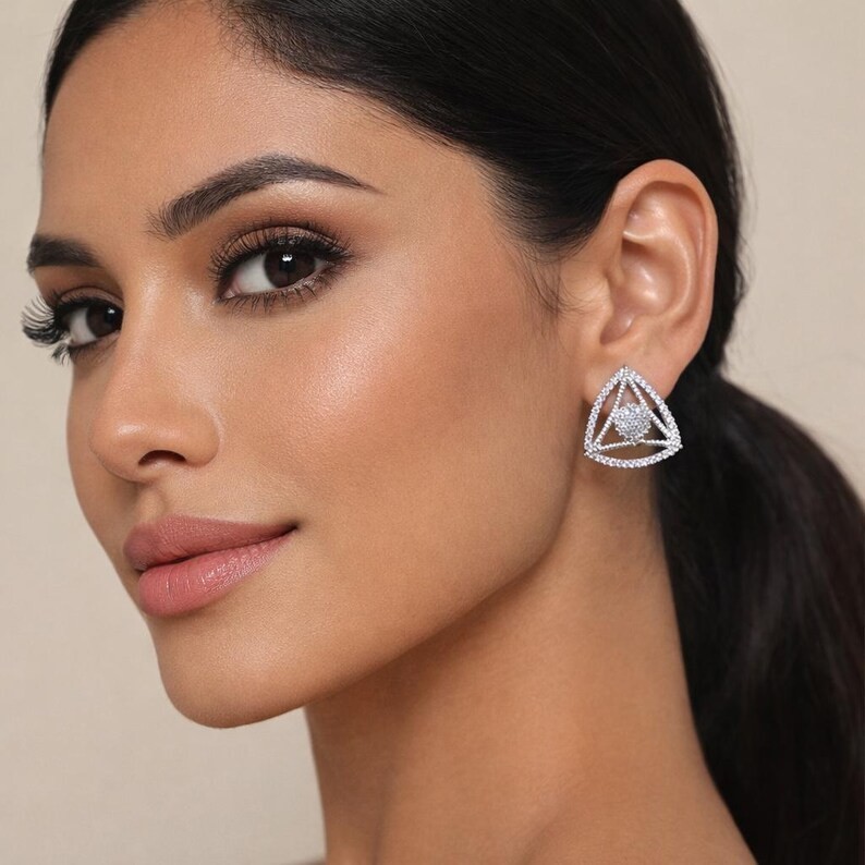 Geometric Triangle CZ Stud Earrings Silver Minimalist Women Fashion Jewelry