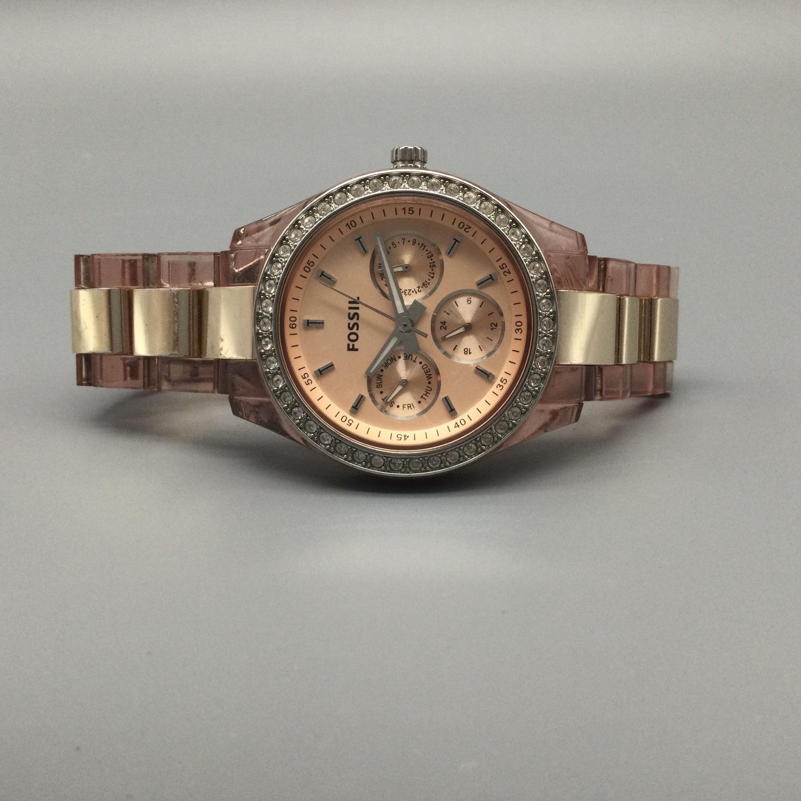 Fossil Riley ES2816 Womens Watch 37mm Gold Tone Pink Bracelet New Battery 7″