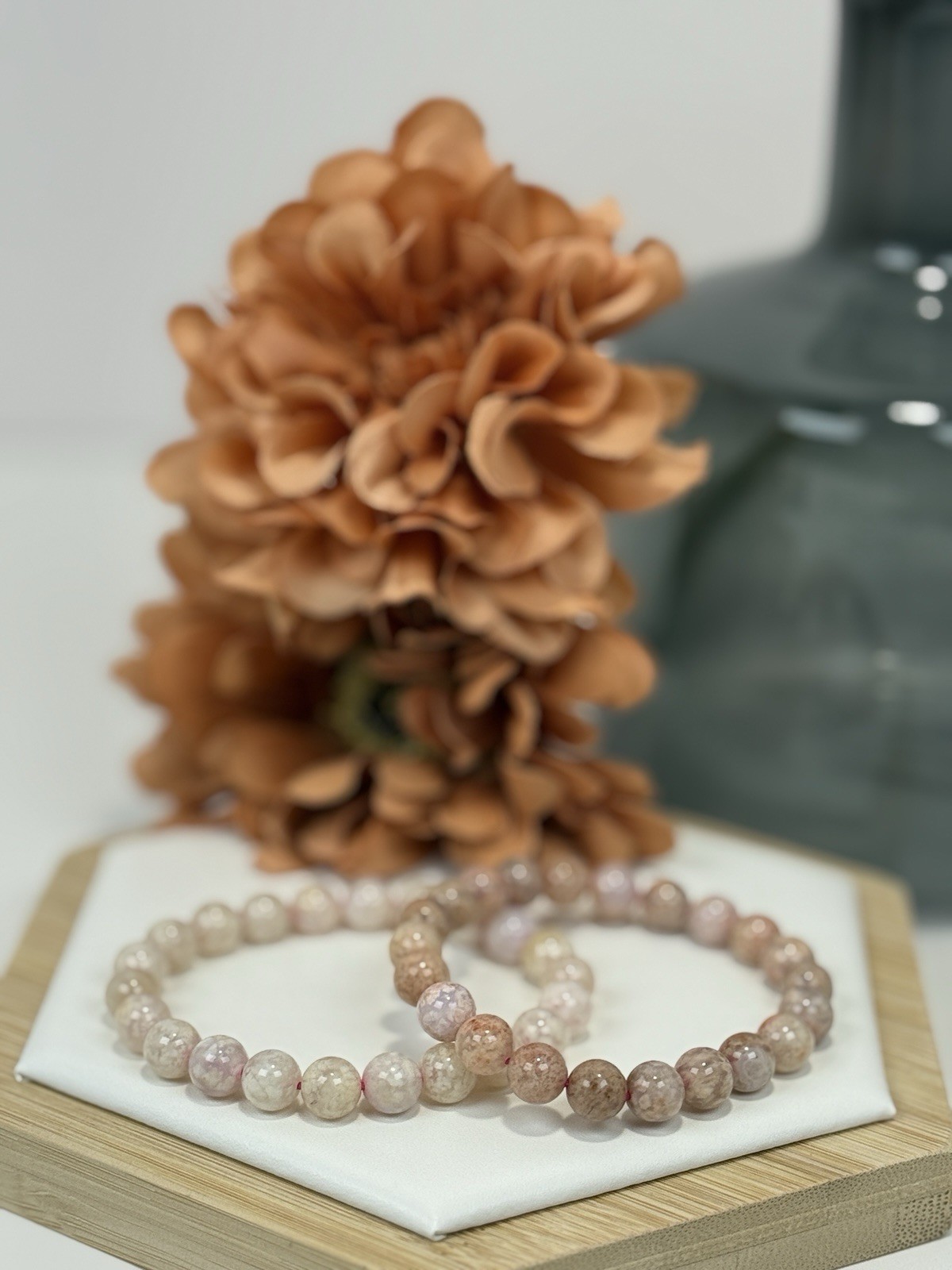 Flower Agate Pink Bead Bracelet 8MM Set Of 2