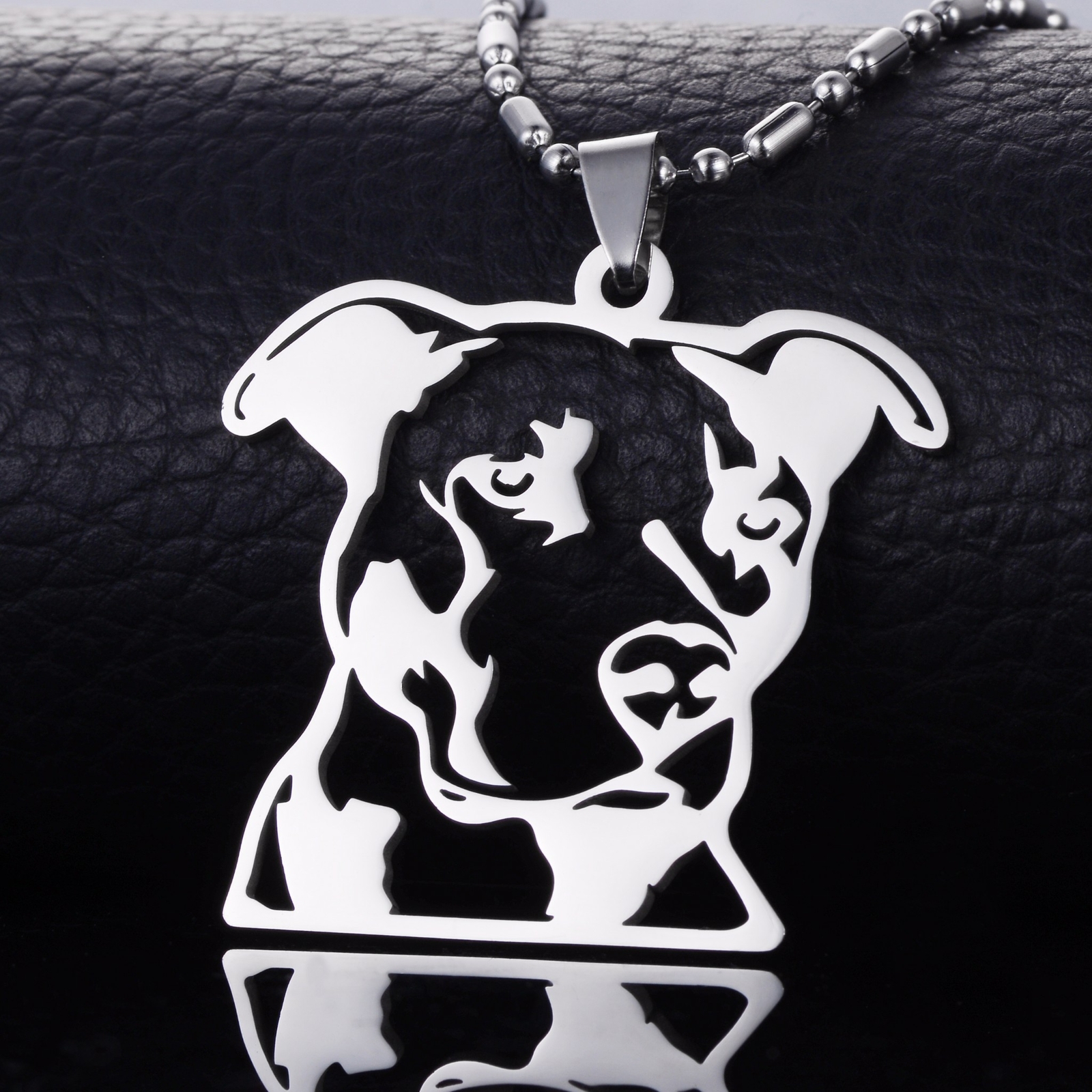 Stainless Steel Natural Ear Pitbull Bull Terrier Dog Face Pendant Chain Necklace