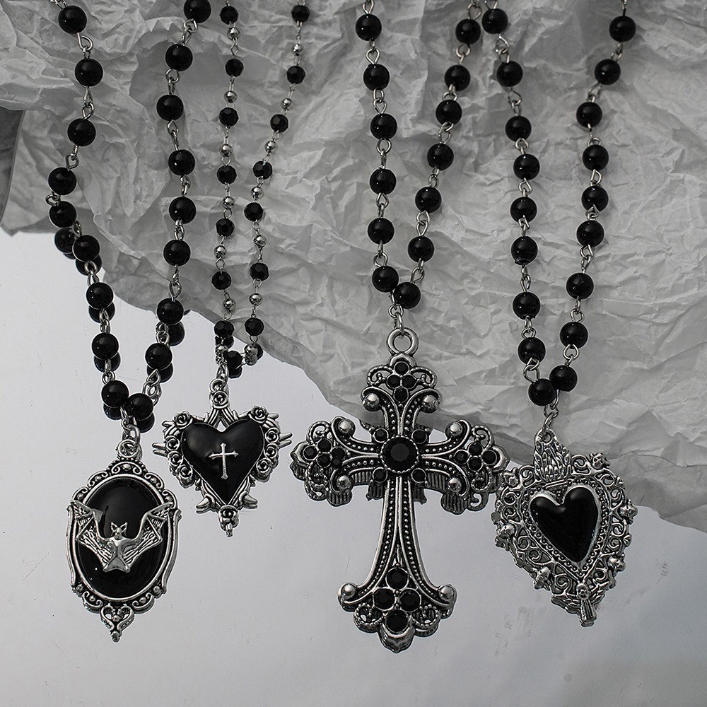 Stainless Steel Black Gothic Retro Religious Cross Heart Bat Pendant Necklace