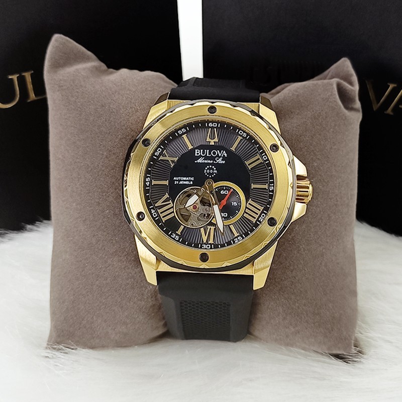 Bulova Marine Star Black Gold Dial Black Rubber Strap Men Automatic Watch 98A272